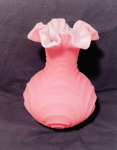 FENTON Satin Glass VASE Pink Rose Drapery Ruffled Edge