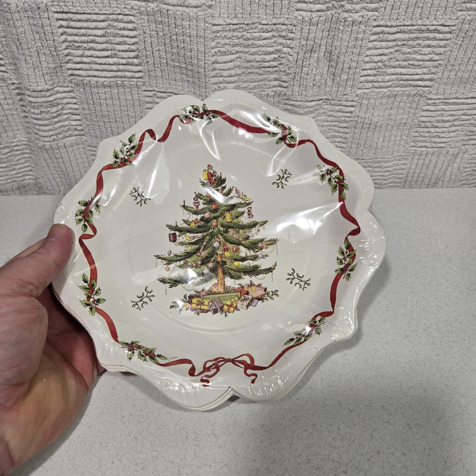 Spode Coated Paper Dessert Plates 8 Count Christmas Tree Ribbon Cream 8" - Image 2 of 4