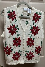 Bobbie Brooks Ivory Sweater Vest Poinsettia Beaded Christmas Women's Medium