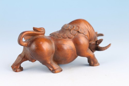 Estatua china Netsuke boj hecha a mano buey vaca té mascota fortuna - Imagen 4 de 8