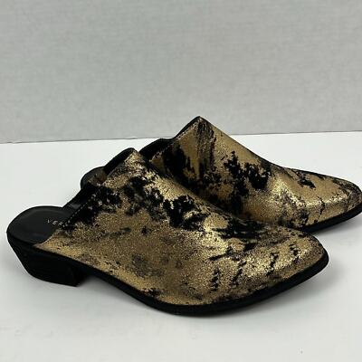 Very Volatile Moonstruck Gold Black Mules Shoes Slip Ons Size 10 Bling