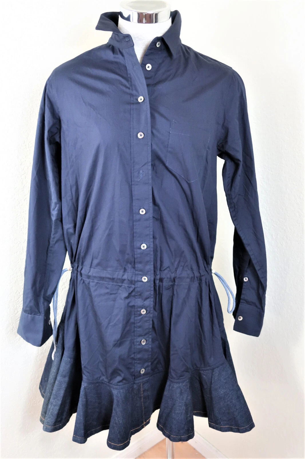 SACAI Blu Poliestere Manica Lunga Abito Top Blusa Camicia Small 0 2 4