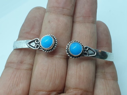 925 Silver Plated Cuff Bangle Bracelet Blue Chalceonday Gemstone in Organza Bag - Picture 3 of 3