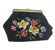 vintage cross stitch handbag black tapestry with flowers gold clasp chain