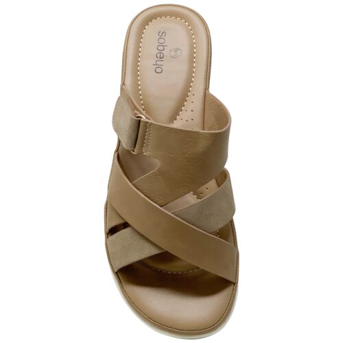 Damen Plateau Sandalen Riemenschnalle Akzent offene Zehenpartie Komfort Pantoletten hellbraun PU - Bild 5 von 8