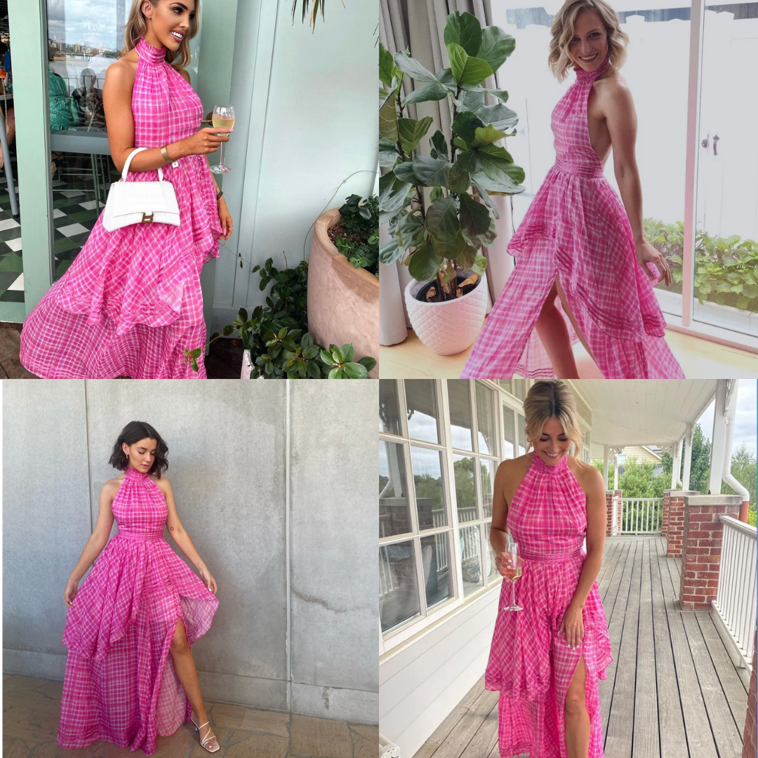 Aje Bungalow Sienna Halter Open Back Tiered Slit Maxi Dress Pink Size 8  Barbie