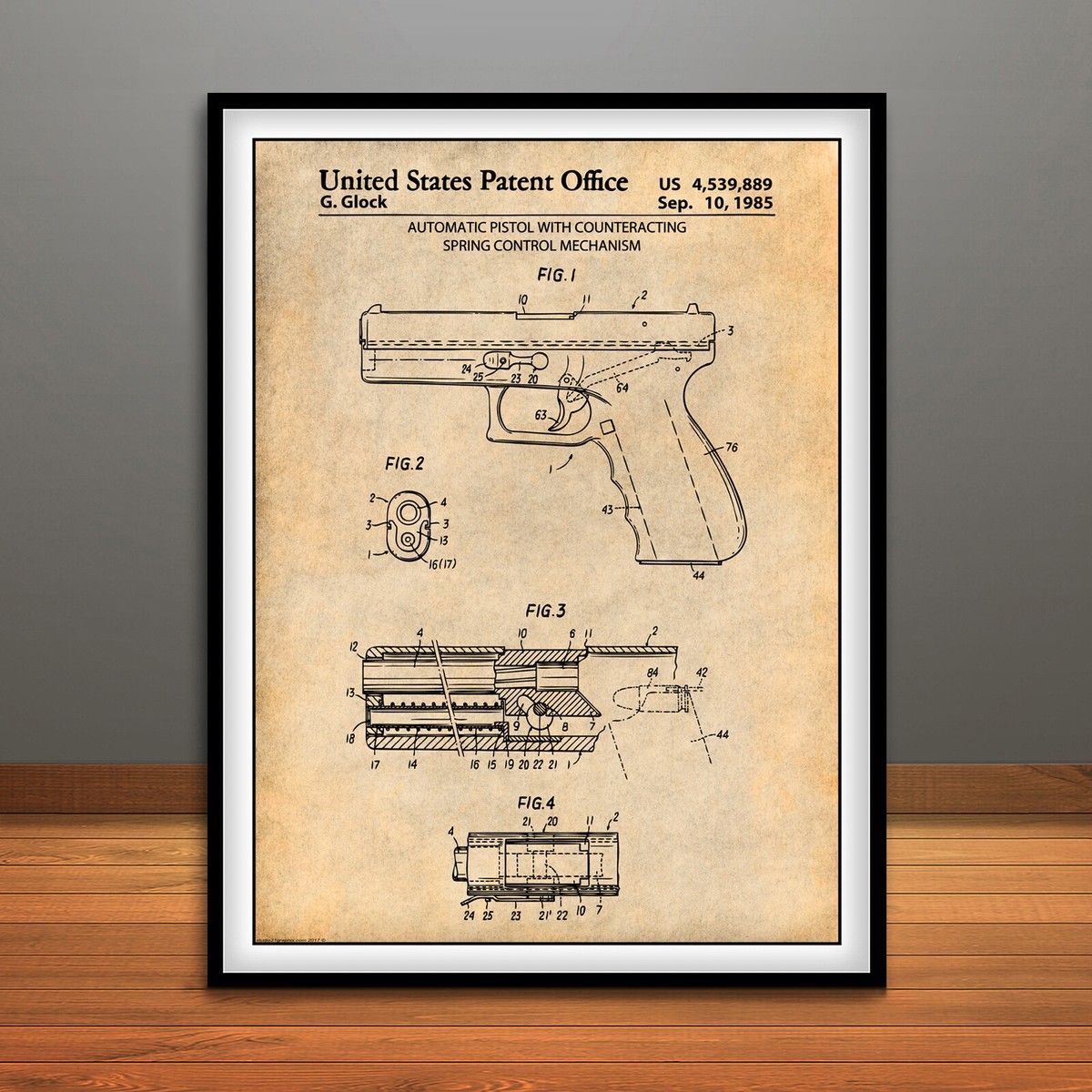 1985 Glock Automatic Pistol Gun Patent Print Art Drawing