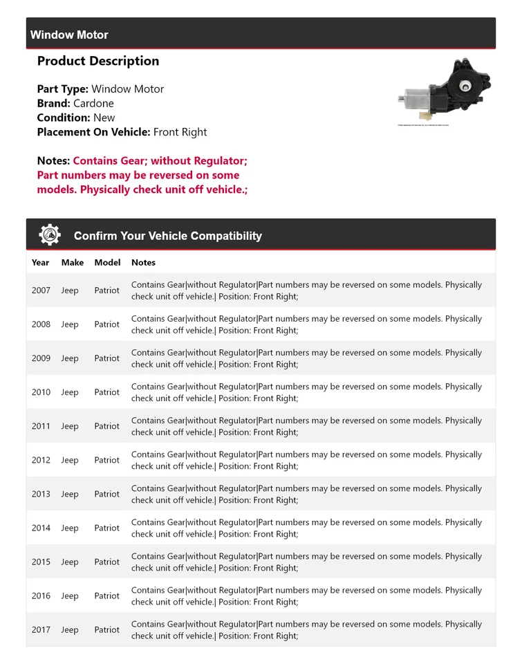 Para Jeep Patriot 2007-2017 Ventana Motor Delantero Derecho Cardone 2008 2009 2010 2011 Foto 2 de 4