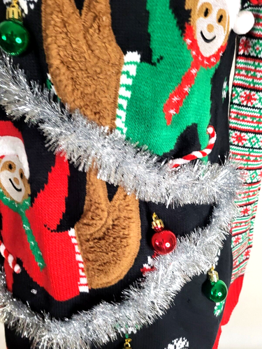 Ugly Christmas Sweater Women SZ M Ugly Sweater Party NWT Lights Tinsel Sloths - Picture 6 of 12