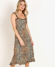 Faithfull the Brand Noemie Dress 2 XS Leopard Print Midi Length Slip Smocked Zip