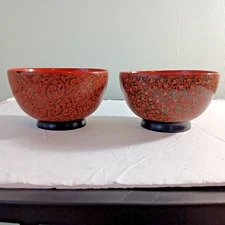 Pair Of Chinese Tsugaru Wooden Lacquerware Rice Bowls Approx. 3" T X 5 3/8" Dia.