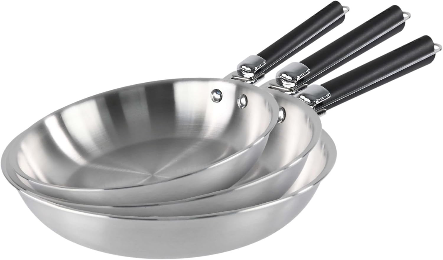 Set 3 Padelle Acciaio Inox 18/10 Brutal Cooking 20-24-28cm Manico Staccabile