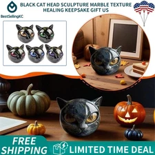 Black Cat Head Sculpture Marble Texture Healing Keepsake Gift US