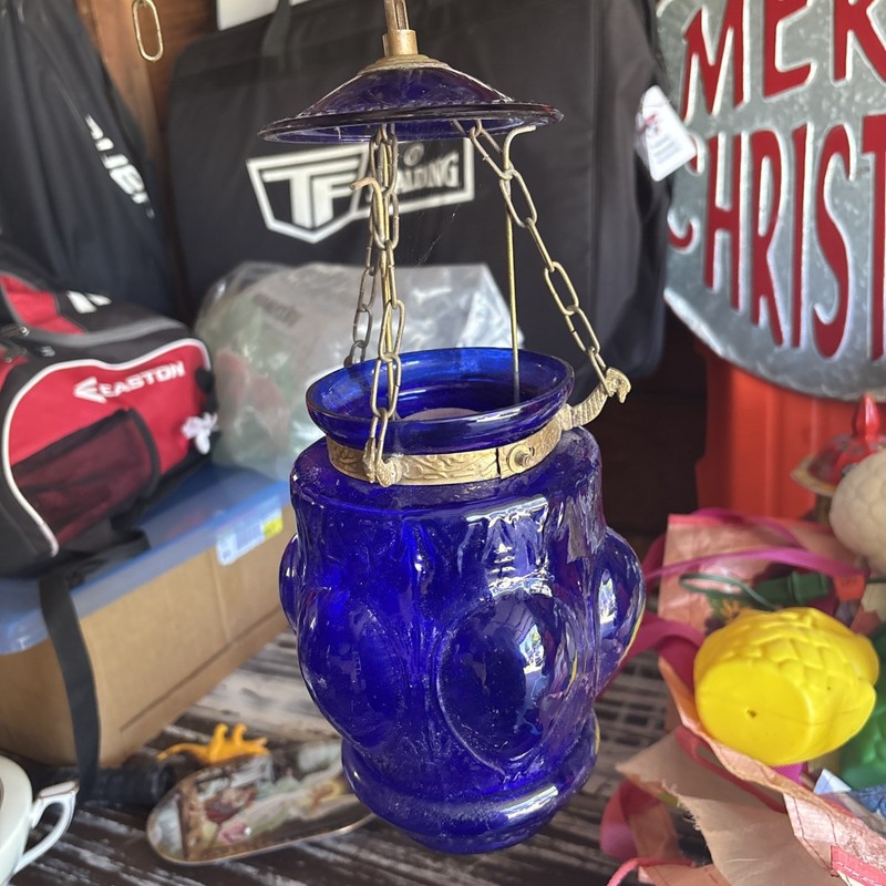 Hanging Blue Glass Bell Jar Lantern Light Lamp