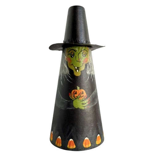 Vintage Green Witch Halloween Horn Cardboard Cone 6.75” Hand Painted SA 2002