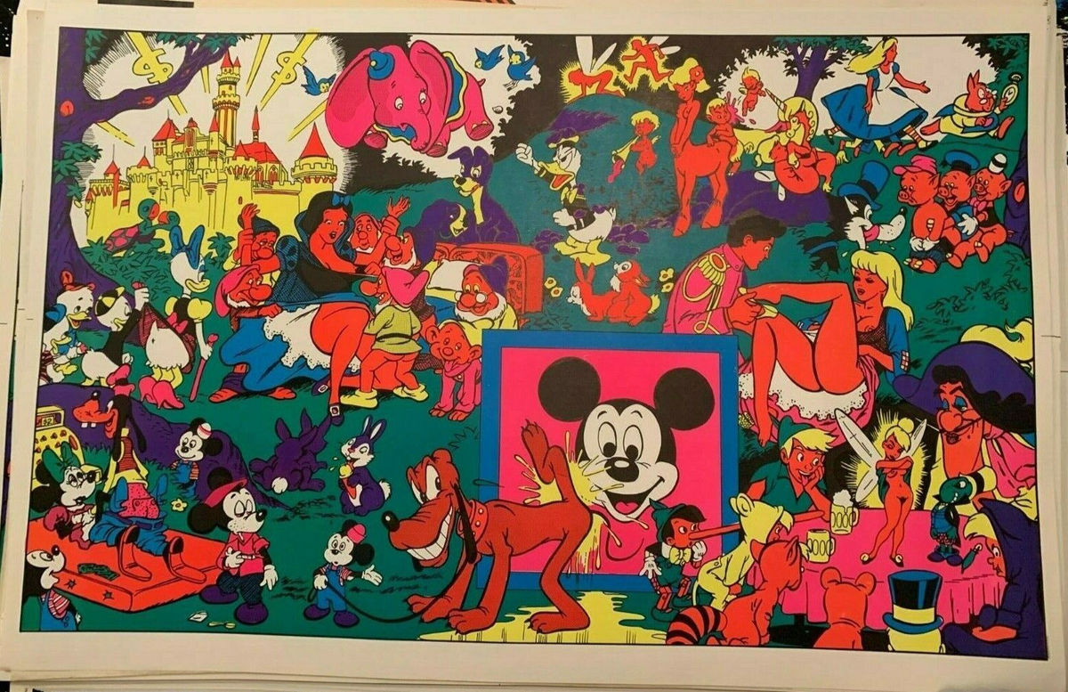 【レア】1970s ポスター　ラージ　ディズニー　ミッキー　ブラックライト DISNEY AFTER DARK VINTAGE 1970's BLACKLIGHT HEADSHOP POSTER By