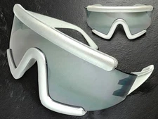 Oversize Exaggerated Modern Retro Shield Party Raver SUNGLASSES Big Silver Frame