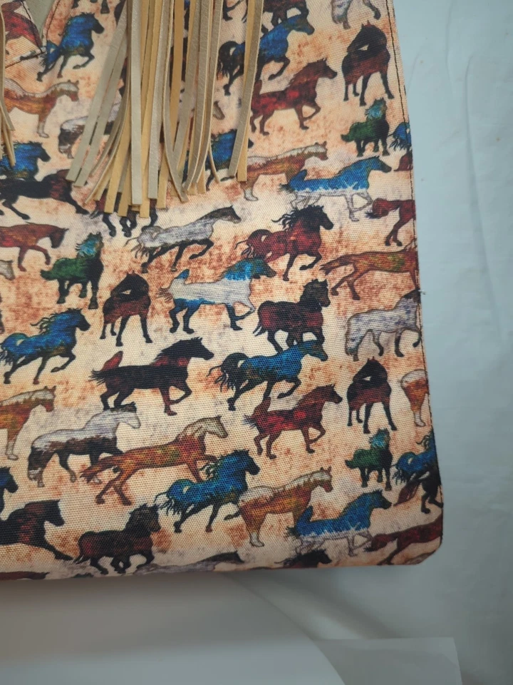 Bolso Boho de Hombro Estampado de Caballo Flecos Lona Sensación Cuero Sintético Grande Foto 4 de 4