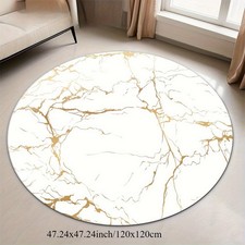 100 100cm Elegant White and Golden Marble Texture Round Mat - Washable Polyester