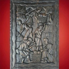 Vintage Haitian Wood Carving Relief Panel – Market Scene – Hand Carved Folk Art