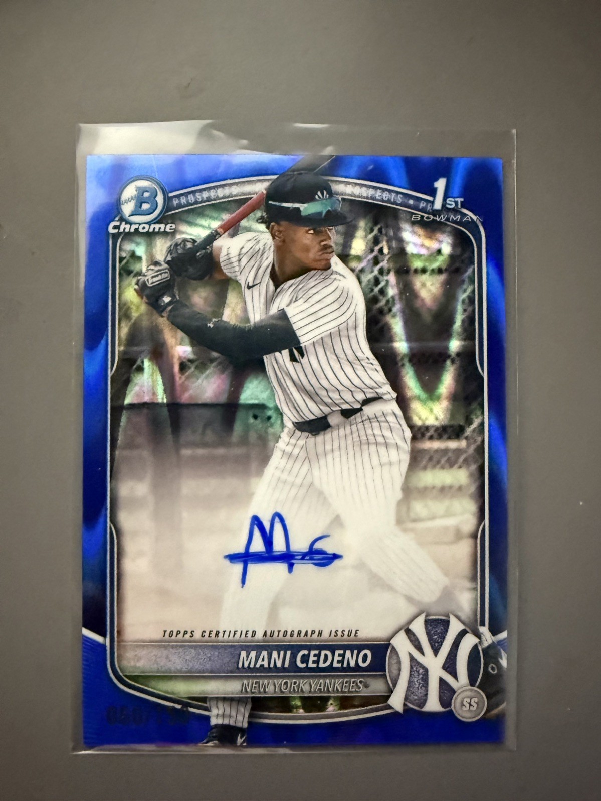 MANI CEDENO 2025 BOWMAN CHROME 1ST BOWMAN SP BLUE RAYWAVE REF RC AUTO #/150
