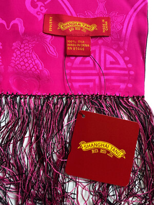 SHANGHAI TANG Fringed Scarf Silk Jacquard Reversible Magenta Navy