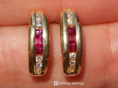 14K SOLID YELLOW GOLD 1.08 TCW RUBY & DIAMOND 7/10th INCH TALL HUGGIE EARRINGS - Picture 8 of 21