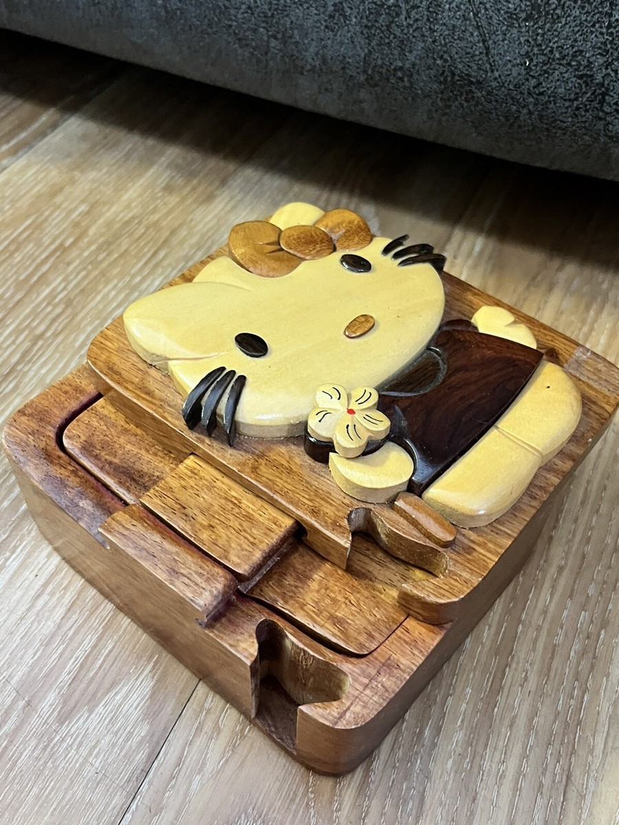 Rare Hand Carved Hello Kitty Wooden Puzzle Jewelry Trinket Box
