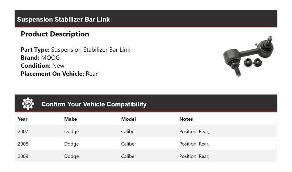 Barra estabilizadora de suspensión trasera MOOG 2007-2009 Dodge Caliber 2007-2009 Foto 2 de 4