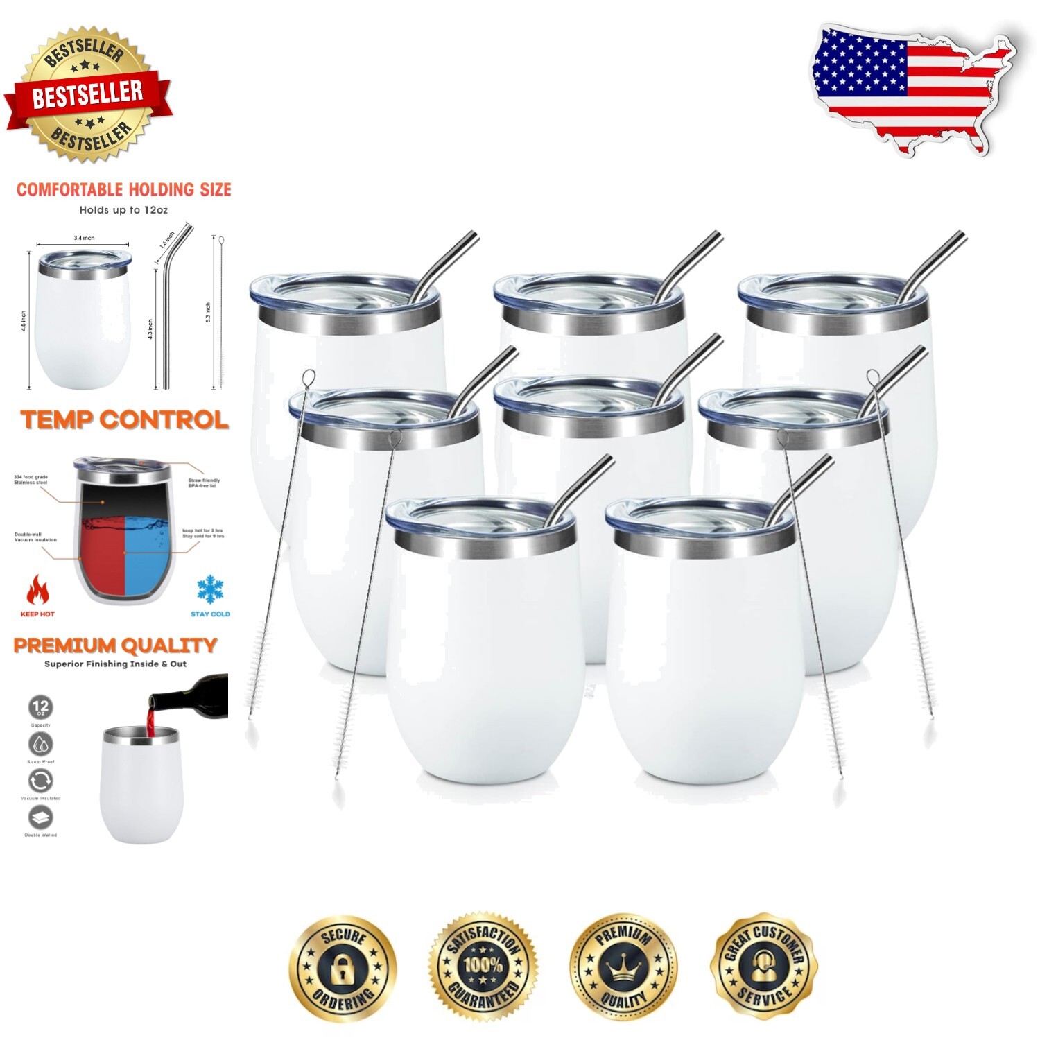 Durable Stainless Steel 12oz Tumbler Cup with Lid & Straw - 8 Pack in White