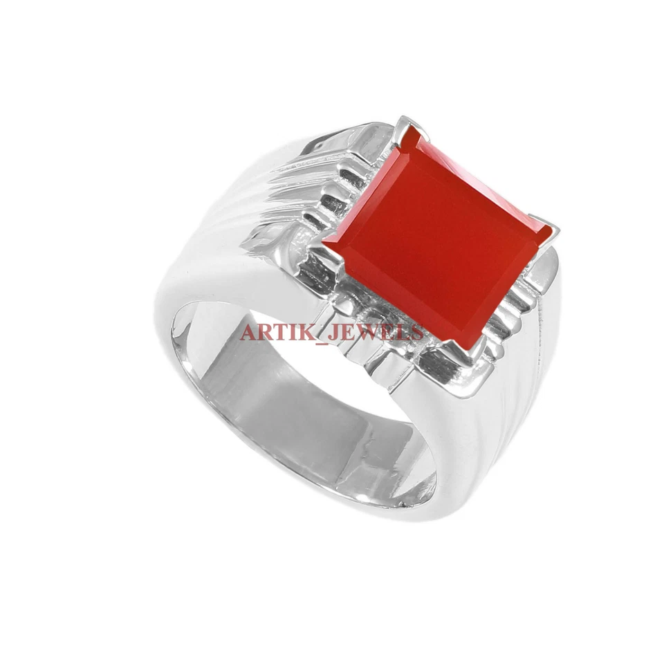 Naturel Rouge Onyx Pierre Précieuse Avec 925 Bague en Argent pour Homme #5699 - Photo 3/4