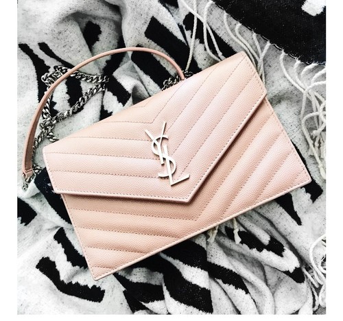 Saint Laurent YSL Cassandre Grain de Poudre Envelope Wallet on Chain Pink Silver