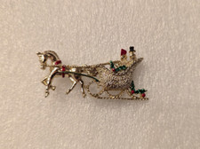 Vintage BROOCH Signed GERRY'S Silver Tone Pin 2" CHRISTMAS ENAMEL SLEIGH