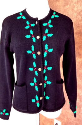 Vintage Tally Ho Women s Christmas Cardigan Size S Holly Accent