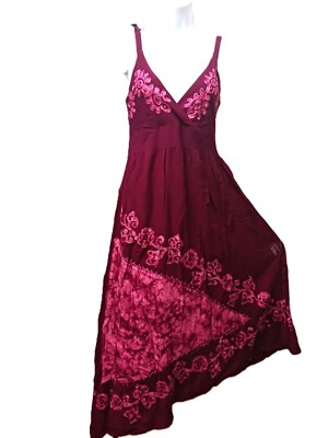 Burgundy Red Long Flower Tie Dye Hippie Sun Summer Dress Beach S | eBay