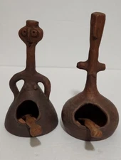 Vintage Tribal His and Hers Pottery Salt Spice Cellar With Wooden Spoon Marked