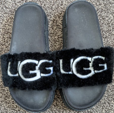UGG Fluff Yeah Slide Women’s Slippers Black/Grey Faux Fur Logo UK 4