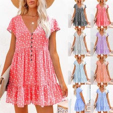 Women Mini Smock Dress Short Sleeve Dresses Floral Holiday BOHO Summer PLUS SIZE