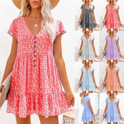 Women Mini Smock Dress Short Sleeve Dresses Floral Holiday BOHO Summer PLUS SIZE - Image 1 of 4