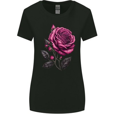 Gothic T-Shirt Damen Pink Rose Gildan Slim Fit Rundhalsausschnitt Kurzarm