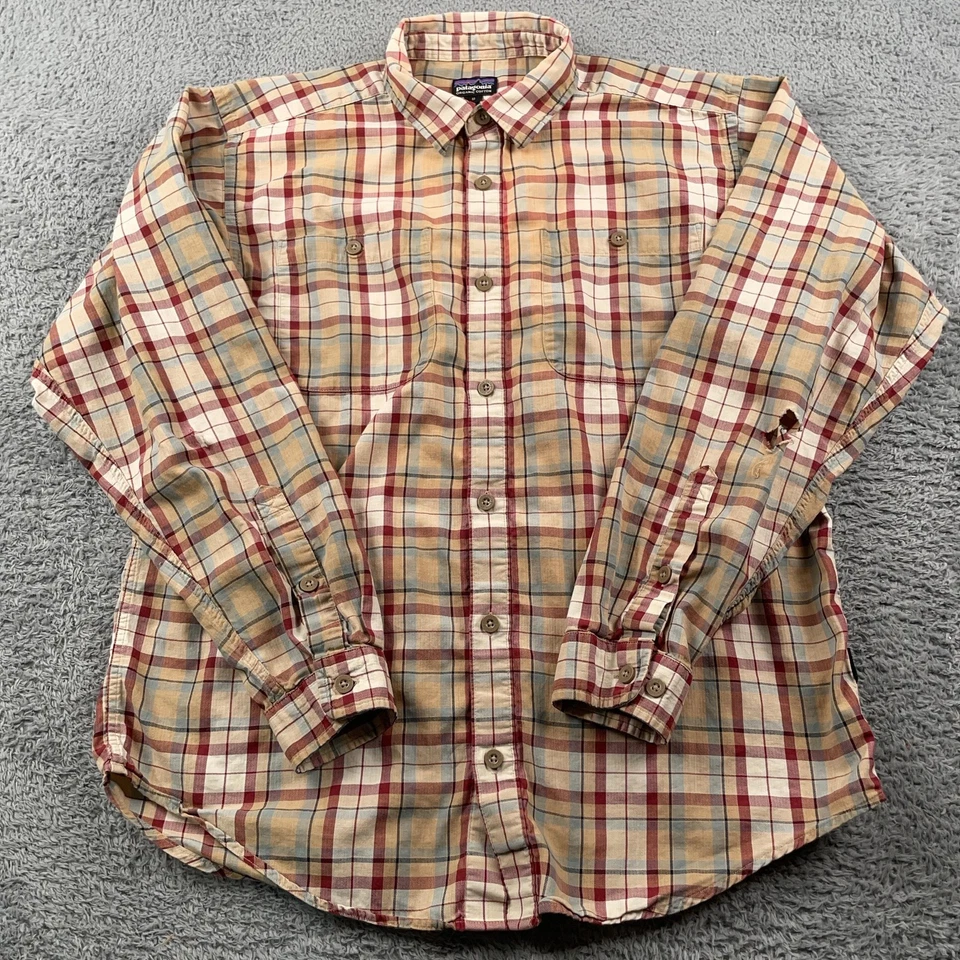 Camisa Patagonia Para Hombre Mediana Tostada Roja Cuadros Algodón Orgánico Manga Larga STY 53837 Foto 2 de 4