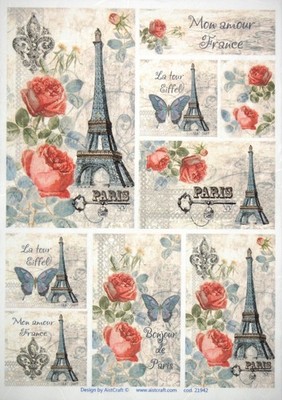 Vintage Reispapier A4 Decoupage - Paris Eiffelturm & Rosen - Aist Craft 21942