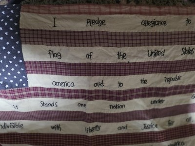 Americana Primitive Patchwork Flag, Embroidered Pledge of Allegiance 16'' x 26''