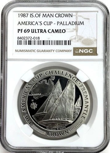 1987 PALLADIUM ISLE OF MAN AMERICA'S CUP CHALLENGE CROWN 1 oz COIN NGC PF 69 UC