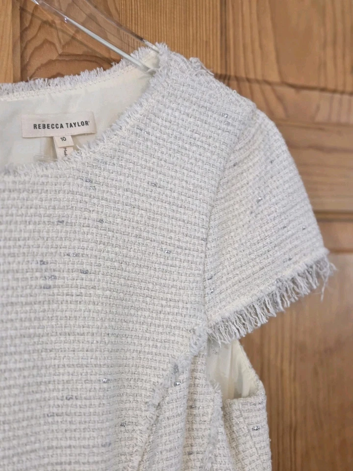 Rebecca Taylor Womens Dress 10 Fringe Tweed Shift Ivory Metallic - Image 4 of 4