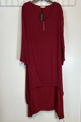 R. Vivimos Women XL Red Layered Gauze Swing Dress Long Sleeve V-Neck 6390