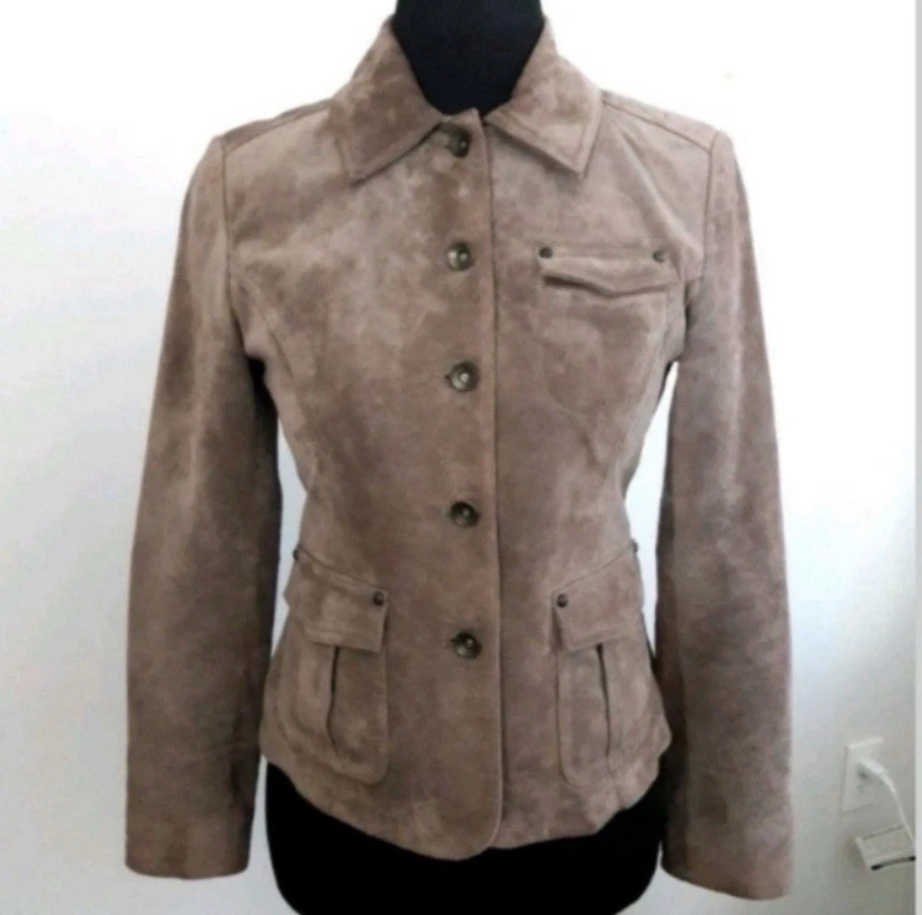 Chaqueta de cuero genuino Style & Co Petite para mujer pequeña gamuza marrón forrada con botones Foto 3 de 4