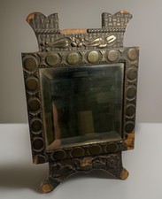 Antique Tramp Art Tabletop Mirror Folk Art Chip Carved Wood Beveled Glass 1800s