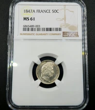 50 Cents 1847 A Paris Laureate Head King Louis-Philippe France MS61 NGC Silver