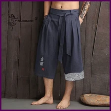 Japanese Kimono Traditional Pants Men Linen Cropped Pants Asian Clothing Bath